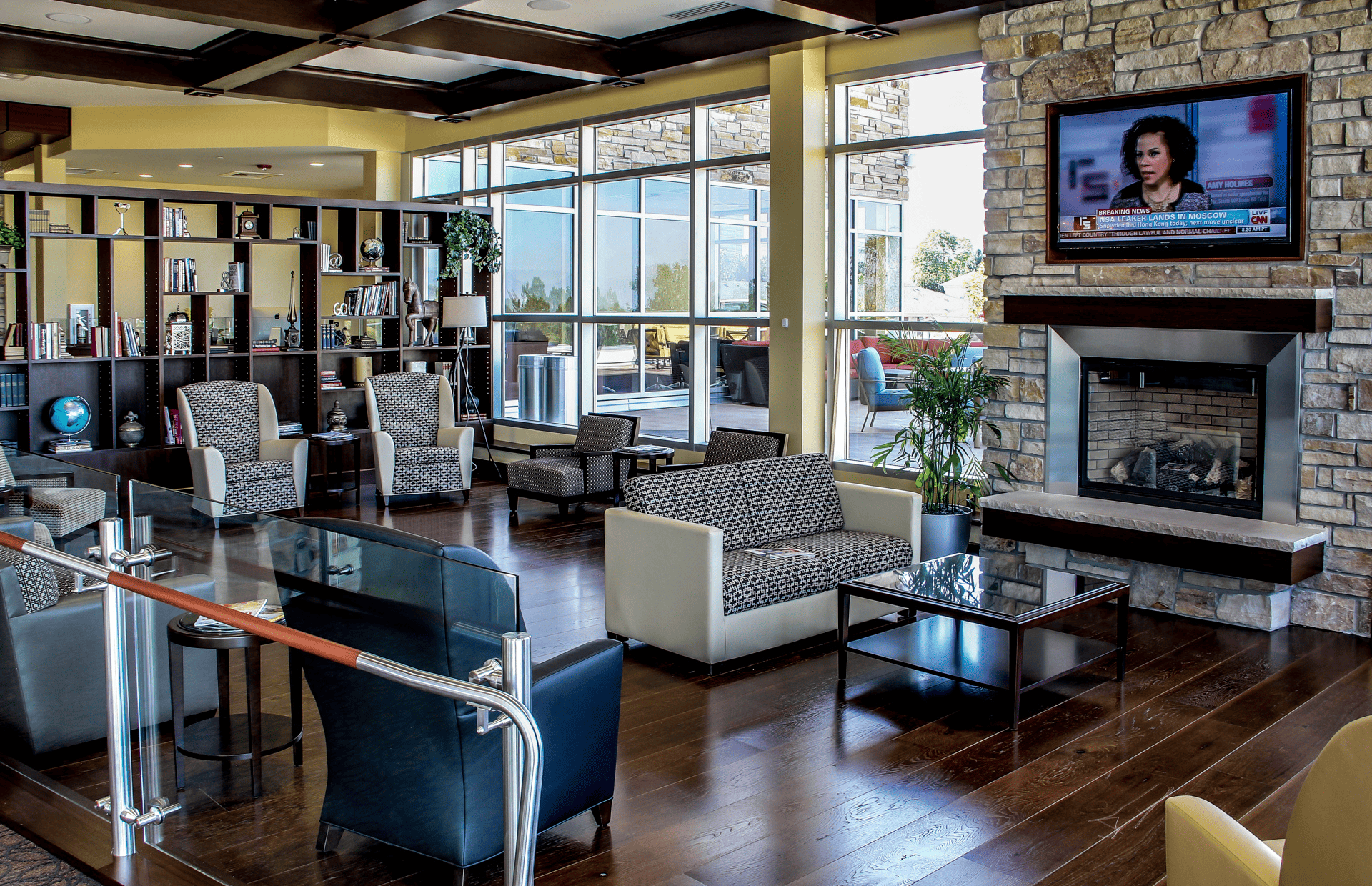 Stylish waiting area with large windows, showcasing Horizon Glass window repair service near me