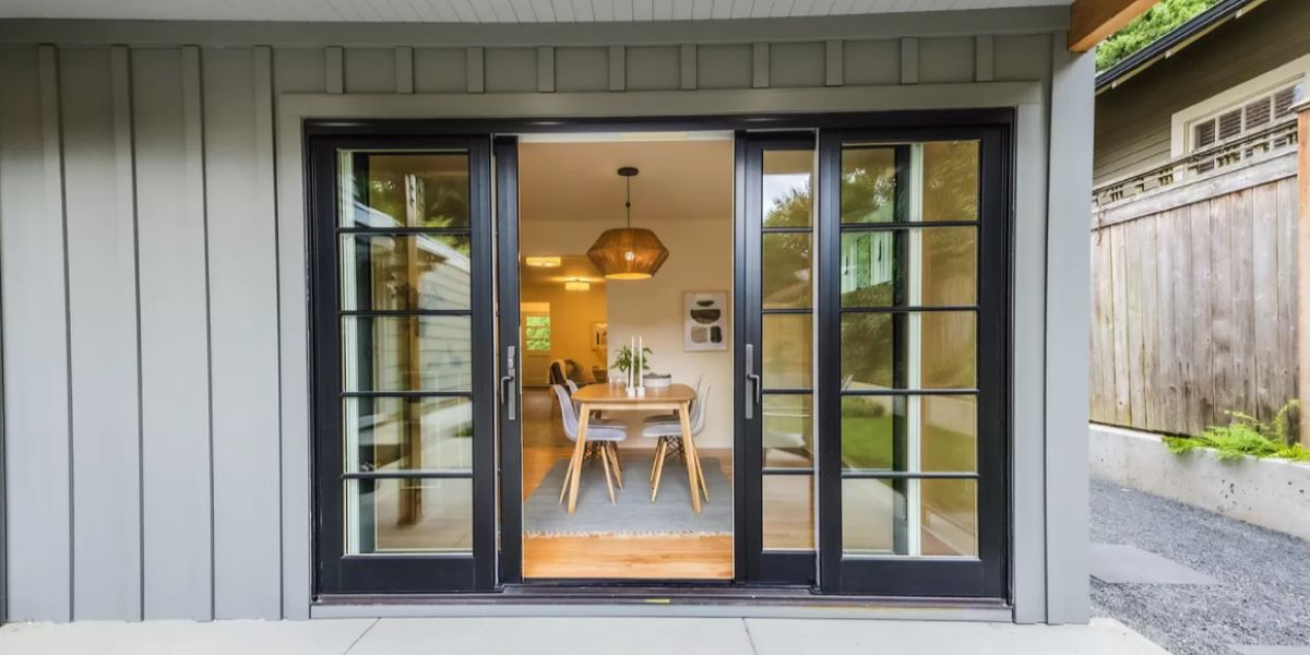 Experienced installer adjusting track alignment on new sliding patio door to ensure smooth operation in an Aurora, CO home