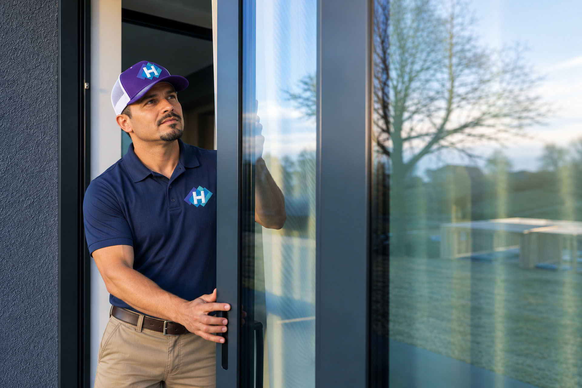 repairman working on a large glass door