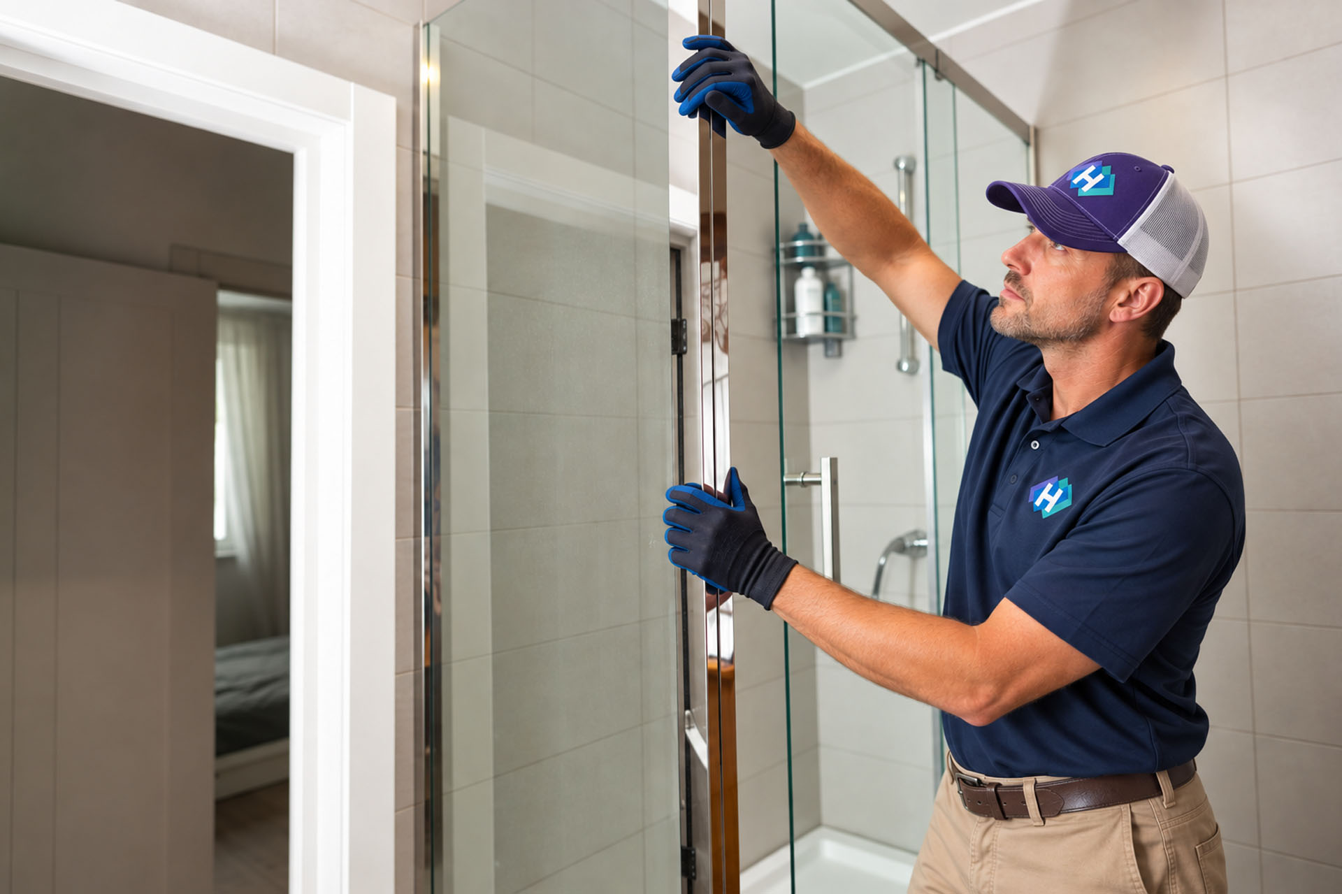 Repairman working on a glass shower door